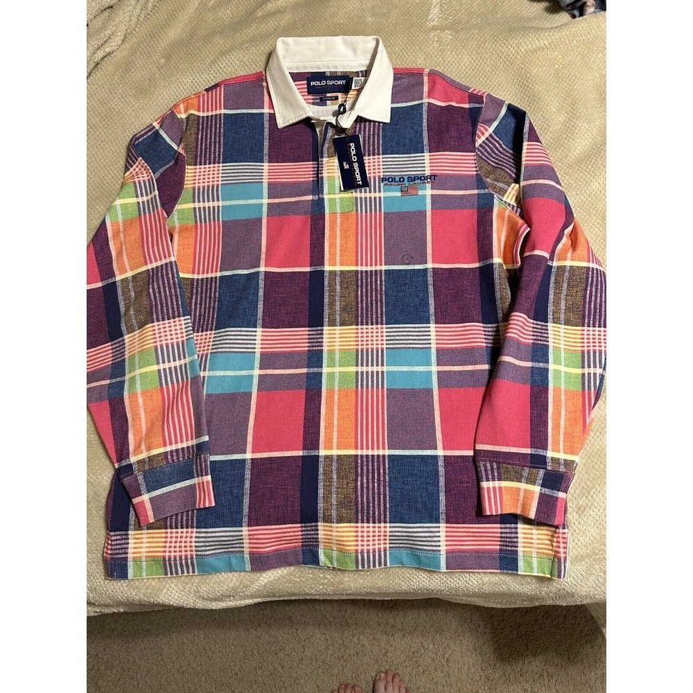 Polo Sport Ralph Lauren Long Sleeve Madras Plaid Rugby Polo Shirt $198 ~ Size L